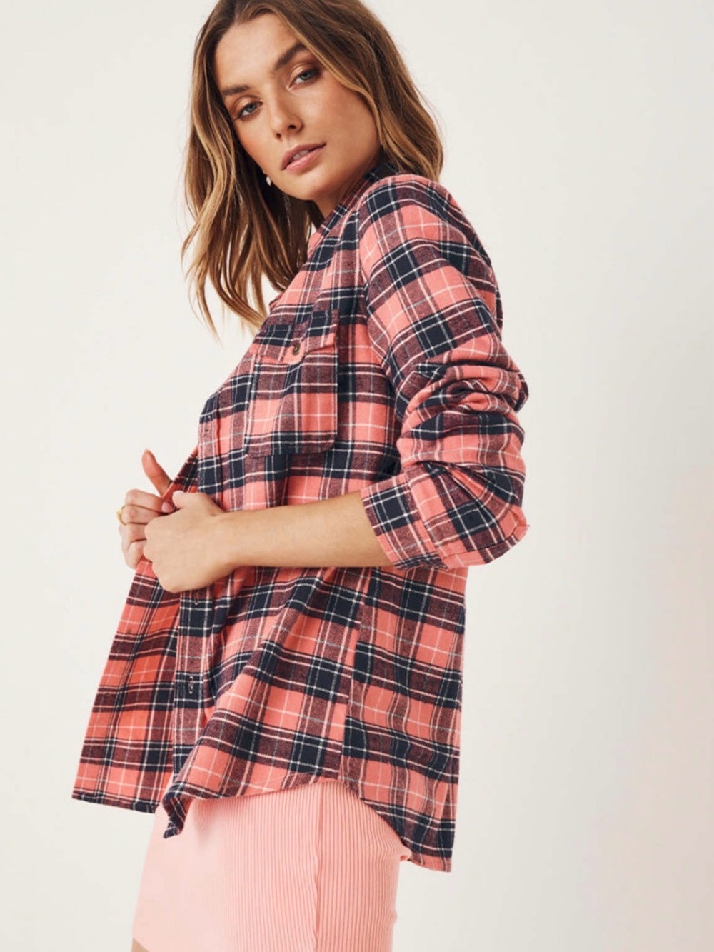 Spell Maverick Flannel Coral Pink Plaid Button-Down Shirt